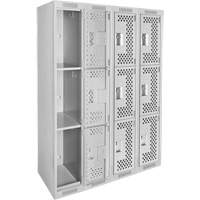 Clean Line Lockers, 3 -tier, Bank of 4, 48" x 12" x 72", Steel, Grey, Rivet (Assembled), Perforated Moffatt Supply & Specialties