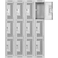 Clean Line Lockers, 3 -tier, Bank of 4, 48" x 12" x 72", Steel, Grey, Rivet (Assembled), Perforated Moffatt Supply & Specialties