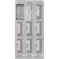 Clean Line Lockers, 3 -tier, Bank of 3, 36" x 18" x 82", Steel, Grey, Rivet (Assembled), Perforated Moffatt Supply & Specialties