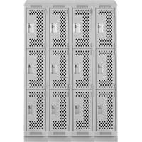 Clean Line Lockers, 3 -tier, Bank of 4, 48" x 18" x 82", Steel, Grey, Rivet (Assembled), Perforated Moffatt Supply & Specialties