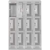 Clean Line Lockers, 3 -tier, Bank of 4, 48" x 18" x 82", Steel, Grey, Rivet (Assembled), Perforated Moffatt Supply & Specialties