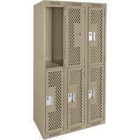 Clean Line Lockers, 2 -tier, Bank of 3, 36" x 12" x 72", Steel, Beige, Rivet (Assembled), Perforated Moffatt Supply & Specialties