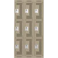 Clean Line Lockers, 3 -tier, Bank of 3, 36" x 12" x 72", Steel, Beige, Rivet (Assembled), Perforated Moffatt Supply & Specialties