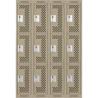 Clean Line Lockers, 3 -tier, Bank of 4, 48" x 12" x 72", Steel, Beige, Rivet (Assembled), Perforated Moffatt Supply & Specialties