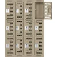 Clean Line Lockers, 3 -tier, Bank of 4, 48" x 12" x 72", Steel, Beige, Rivet (Assembled), Perforated Moffatt Supply & Specialties