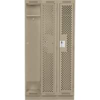 Clean Line Lockers, Bank of 3, 36" x 15" x 76", Steel, Beige, Rivet (Assembled), Perforated Moffatt Supply & Specialties