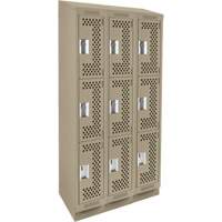 Clean Line Lockers, 3 -tier, Bank of 3, 36" x 18" x 82", Steel, Beige, Rivet (Assembled), Perforated Moffatt Supply & Specialties