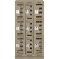 Clean Line Lockers, 3 -tier, Bank of 3, 36" x 18" x 82", Steel, Beige, Rivet (Assembled), Perforated Moffatt Supply & Specialties