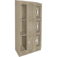 Clean Line Lockers, 3 -tier, Bank of 3, 36" x 18" x 82", Steel, Beige, Rivet (Assembled), Perforated Moffatt Supply & Specialties