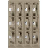 Clean Line Lockers, 3 -tier, Bank of 4, 48" x 18" x 82", Steel, Beige, Rivet (Assembled), Perforated Moffatt Supply & Specialties