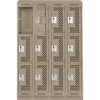 Clean Line Lockers, 3 -tier, Bank of 4, 48" x 18" x 82", Steel, Beige, Rivet (Assembled), Perforated Moffatt Supply & Specialties
