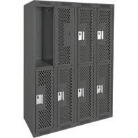 Clean Line Lockers, 2 -tier, Bank of 4, 48" x 12" x 72", Steel, Charcoal, Rivet (Assembled), Perforated Moffatt Supply & Specialties