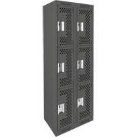 Clean Line Lockers, 3 -tier, Bank of 2, 24" x 12" x 72", Steel, Charcoal, Rivet (Assembled), Perforated Moffatt Supply & Specialties