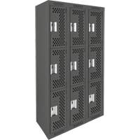 Clean Line Lockers, 3 -tier, Bank of 3, 36" x 12" x 72", Steel, Charcoal, Rivet (Assembled), Perforated Moffatt Supply & Specialties