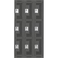 Clean Line Lockers, 3 -tier, Bank of 3, 36" x 12" x 72", Steel, Charcoal, Rivet (Assembled), Perforated Moffatt Supply & Specialties