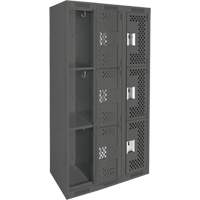Clean Line Lockers, 3 -tier, Bank of 3, 36" x 12" x 72", Steel, Charcoal, Rivet (Assembled), Perforated Moffatt Supply & Specialties