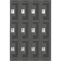 Clean Line Lockers, 3 -tier, Bank of 4, 48" x 12" x 72", Steel, Charcoal, Rivet (Assembled), Perforated Moffatt Supply & Specialties