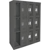Clean Line Lockers, 3 -tier, Bank of 4, 48" x 12" x 72", Steel, Charcoal, Rivet (Assembled), Perforated Moffatt Supply & Specialties