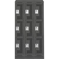 Clean Line Lockers, 3 -tier, Bank of 3, 36" x 18" x 82", Steel, Charcoal, Rivet (Assembled), Perforated Moffatt Supply & Specialties