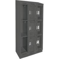 Clean Line Lockers, 3 -tier, Bank of 3, 36" x 18" x 82", Steel, Charcoal, Rivet (Assembled), Perforated Moffatt Supply & Specialties