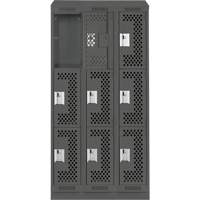 Clean Line Lockers, 3 -tier, Bank of 3, 36" x 18" x 82", Steel, Charcoal, Rivet (Assembled), Perforated Moffatt Supply & Specialties