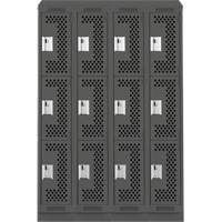 Clean Line Lockers, 3 -tier, Bank of 4, 48" x 18" x 82", Steel, Charcoal, Rivet (Assembled), Perforated Moffatt Supply & Specialties