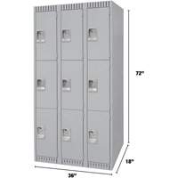 Lockers, 3 -tier, Bank of 3, 36" x 18" x 72", Steel, Grey, Knocked Down Moffatt Supply & Specialties
