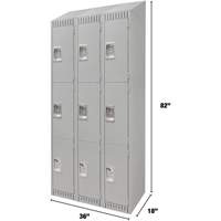 Lockers, 3 -tier, Bank of 3, 36" x 18" x 82", Steel, Grey, Knocked Down Moffatt Supply & Specialties