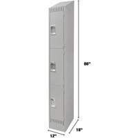 Lockers, 3 -tier, 12" x 18" x 86", Steel, Grey, Knocked Down Moffatt Supply & Specialties