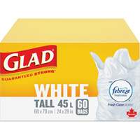 Sacs &agrave; ordures hauts 45 L avec Febreze, R&eacute;gulier, 24" la x 28" lo, Blanc Moffatt Supply & Specialties