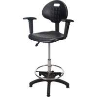 Tabouret ergonomique robuste avec accoudoirs r&eacute;glables, Stationnaire, Ajustable, 39" - 48", Polyur&eacute;thane Si&egrave;ge, Noir Moffatt Supply & Specialties