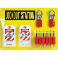 Tableau de cadenassage et &eacute;tiquetage avec cadenas de s&eacute;curit&eacute; en nylon utilisant des cl&eacute;s diff&eacute;rentes, Cadenas Plastique, Capacit&eacute; de 6, Cadenas Compris Moffatt Supply & Specialties
