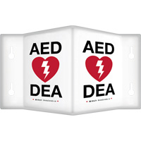 90° Projecting "AED/DEA" Sign, 6" x 5", Plastic, Bilingual with Pictogram Moffatt Supply & Specialties