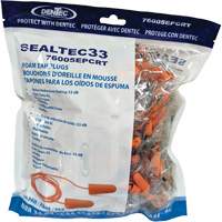 Bouchons d'oreilles coniques jetables en mousse de PU orange SEALTEC33, Vrac - Sac en poly, Avec cordon Moffatt Supply & Specialties