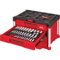 Ensemble de 242 pi&egrave;ces de douilles et cliquets m&eacute;triques et SAE 1/4", 3/8" et 1/2" avec boîte &agrave; outils PACKOUT &agrave; 4 tiroirs, 16-3/10" x 22-1/5" x 14-3/10", Noir/Rouge Moffatt Supply & Specialties